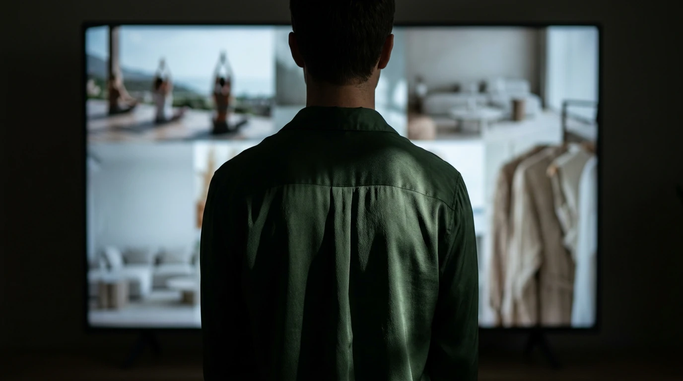 A person, seen from behind, contemplating blurred celebrity lifestyle images on a large, glowing screen, with dramatic shadows cast by the screen's light.