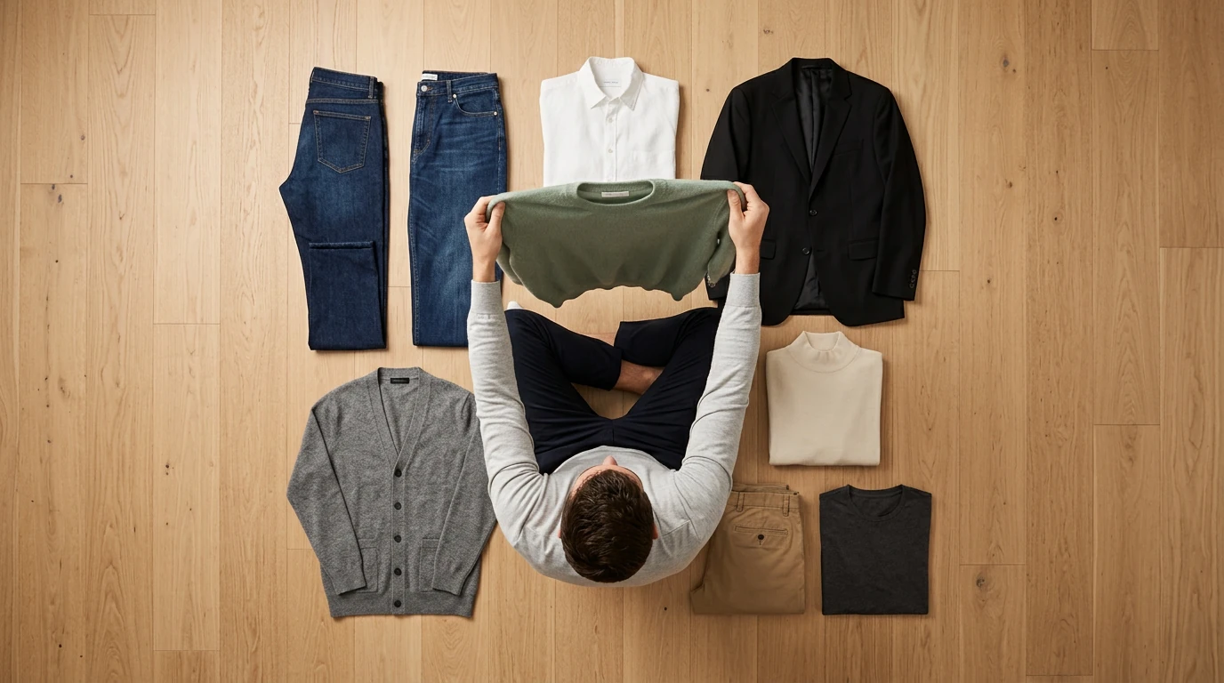 Aerial view of a person on a polished oak floor, contemplating a green cashmere sweater amidst a geometrically arranged capsule wardrobe, symbolizing personal style reflection.