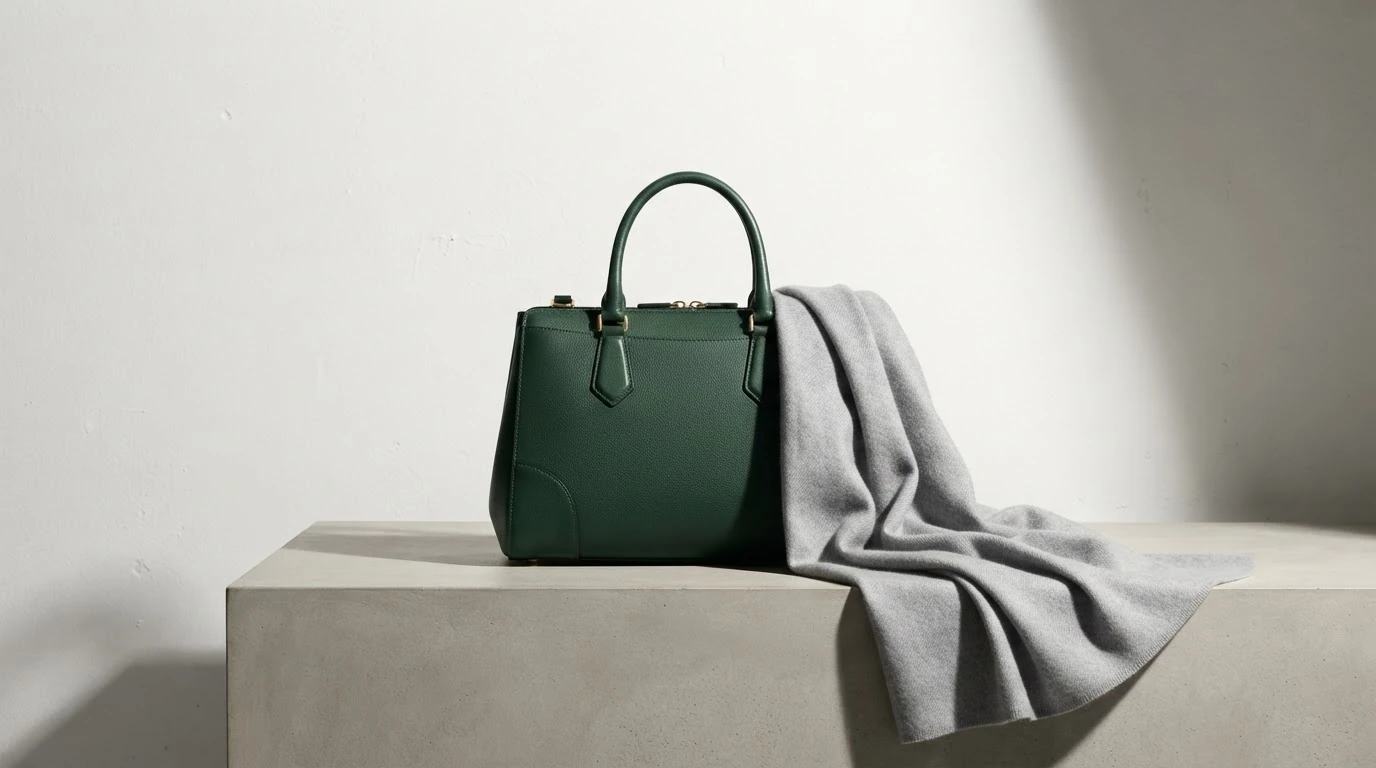 A deep forest green leather handbag and a light gray cashmere scarf artfully arranged on a matte concrete plinth, highlighting luxurious winter accessories.