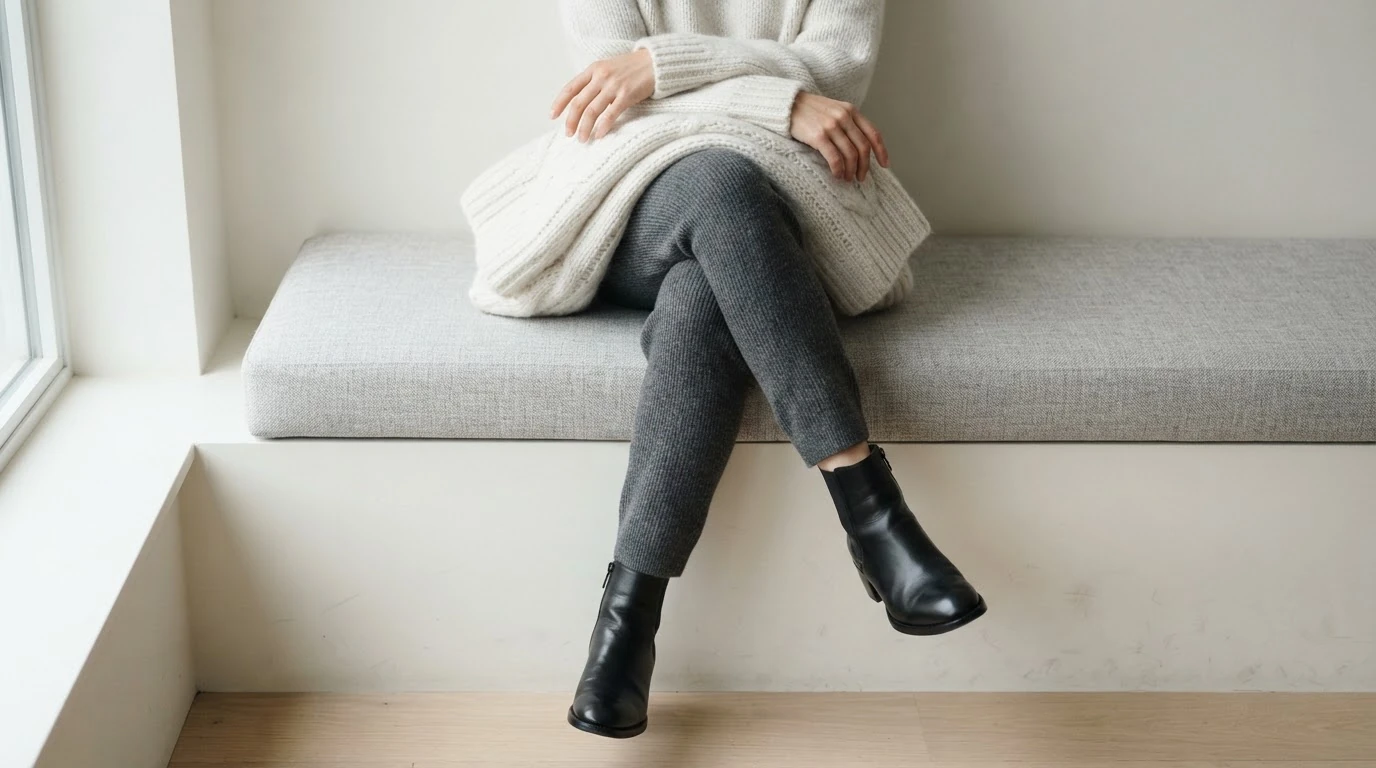 Close-up of a woman's tailored charcoal knit trousers and black leather ankle boots, showcasing elevated winter comfort and sophisticated texture mixing.