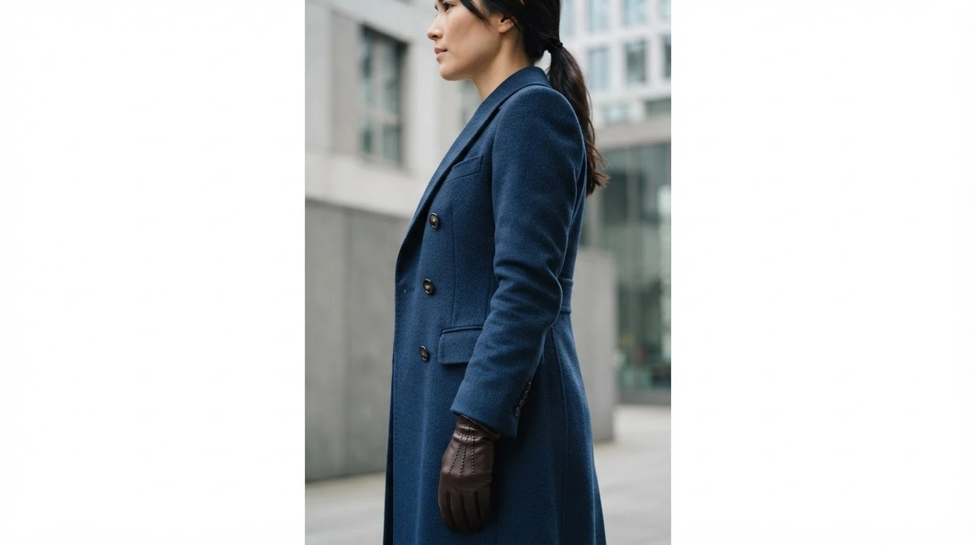Side-profile close-up of a woman wearing a tailored dark sapphire blue wool coat and rich chocolate brown leather gloves, showcasing modern winter colors and textures.