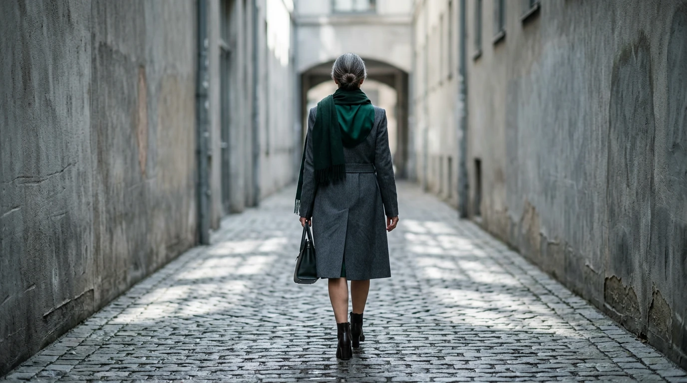 A woman over 40 in a structured charcoal wool coat, silk blouse, and cashmere scarf, walking confidently through a cobblestone alleyway, showcasing sophisticated winter layering.