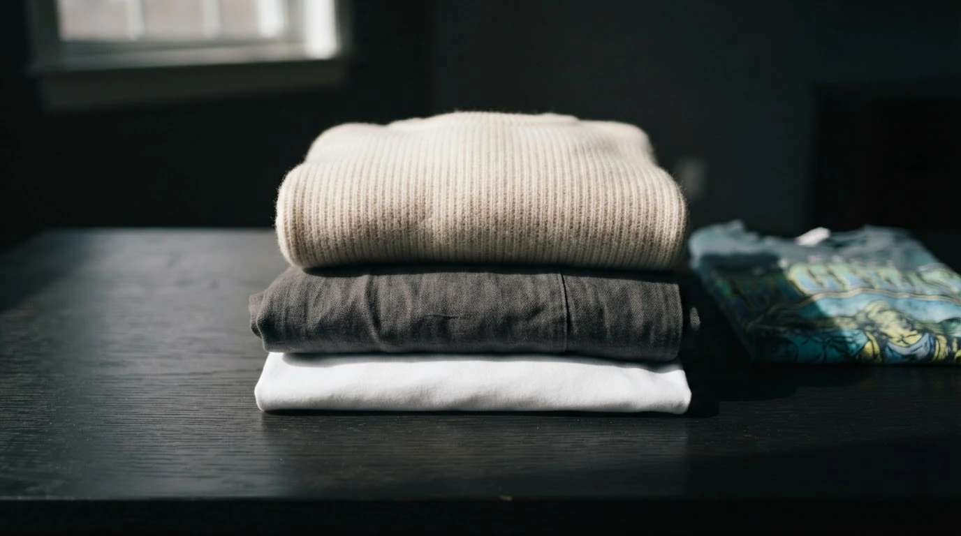 Stack of neutral, high-quality cashmere, linen, and cotton garments, representing core elements of Jennifer Aniston's style, contrasted with a colorful t-shirt.