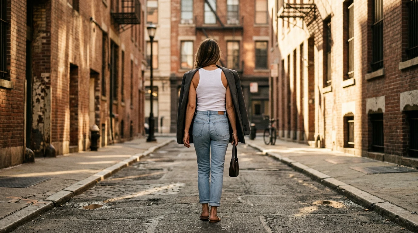 Woman embodying Jennifer Aniston's style, walking in sunlight, wearing straight-leg jeans, white tank top, and charcoal blazer, highlighting timeless fashion.